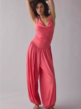 Coral Halter Draped Jumpsuit